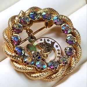 Daughters of Rebekah Enamel aurora borealis rhinestone pearl vintage brooch